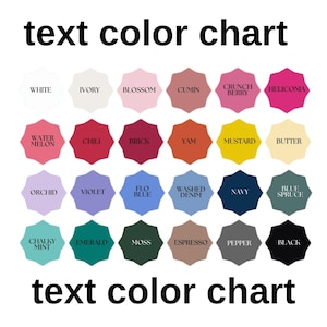 May include: A text colour chart displaying a range of colours, such as white, ivory, blossom, cumin, crunch berry, and heliconia. Each colour is presented in a starburst shape with the colour name below. The text "text colour chart" appears at the top and bottom.