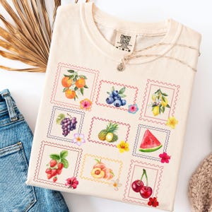 Vintage Fruit Stamp T-Shirt: Cottagecore Farmer&#39;s Market Tee