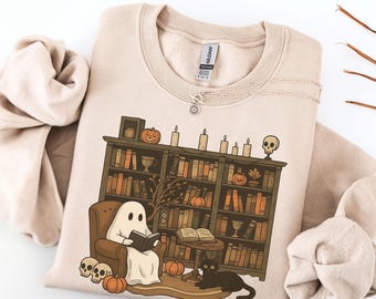 Comfort Colors® Retro Ghost Reading Books, Librarian Ghost, Halloween Teacher Sweatshirt, Halloween Shirt, Teacher Gift, Boo School