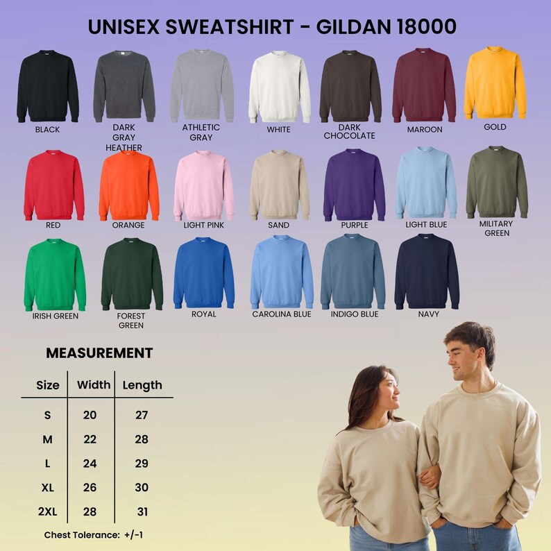 May include: A variety of Gildan 18000 unisex sweatshirts in various colors, including black, red, and gold. The image also includes a measurement chart with sizes ranging from S to 2XL, with chest tolerance information.