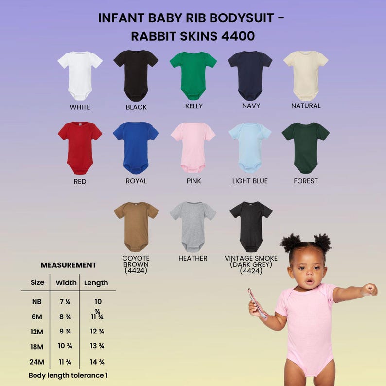 K&ouml;nnte beinhalten: Baby-Ripp-Body Rabbit Skins 4400 in Wei&szlig;, Schwarz, Kelly, Marine, Natur, Rot, Royal, Pink, Hellblau, Waldgr&uuml;n, Kojotenbraun, Heather und Vintage-Rauchgrau. Enth&auml;lt eine Gr&ouml;&szlig;entabelle mit Breiten- und L&auml;ngenangaben in Zoll.