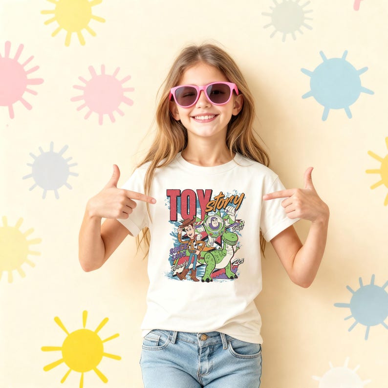 K&ouml;nnte beinhalten: Ein wei&szlig;es kurz&auml;rmeliges T-Shirt mit einem farbenfrohen Grafikdruck der Toy Story-Figuren Woody, Buzz Lightyear und Rex. Der Text Toy Story ist in Rot und Orange &uuml;ber den Figuren gedruckt, erg&auml;nzt durch blaue und gr&uuml;ne Akzente.