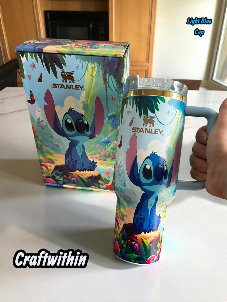 Vaso térmico personalizado Stitch Stanley de 40 oz, caja de regalo con aislamiento de Lilo & Stitch y tapa con pajita. imagen 2