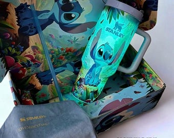 Vaso térmico personalizado Stitch Stanley de 40 oz, caja de regalo con aislamiento de Lilo & Stitch y tapa con pajita.