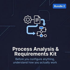May include: A dark blue graphic with the text "Process Analysis & Requirements Kit" and the tagline "Before you configure anything, understand how you actually work." The image also includes a diagram of a gear, document, and flowchart.