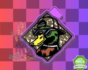 May include: A cartoon duck wearing a camouflage hat and sunglasses. The duck is wearing a camouflage pattern on its body. The duck is in a diamond-shaped frame.