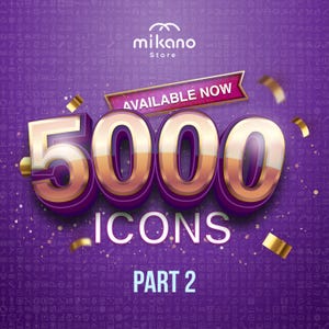 Könnte beinhalten: Eine lila Grafik mit dem Text "5000 ICONS PART 2" in Gold und Weiß. Die Worte "AVAILABLE NOW" stehen auf einem Banner. Der Hintergrund ist mit kleinen Symbolen bedeckt. Goldene Konfetti sind um den Text verstreut.