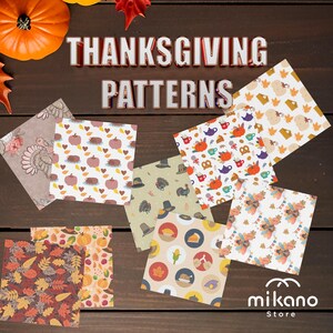 May include: Thanksgiving patterns are displayed on a wooden surface. The image features various square patterns with fall-themed designs, including pumpkins, leaves, turkeys, and hats. The text "THANKSGIVING PATTERNS" is at the top.