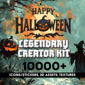 Può includere: Immagine di arte digitale a tema Halloween. Le parole "Happy Halloween" sono visualizzate sopra una zucca intagliata. Sotto, il testo recita "Legendary Creator Kit 10000+ Icons/Stickers, 3D Assets, Textures". Lo sfondo è un mix di arancione e verde acqua.