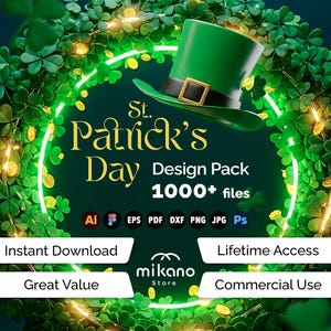 Może przedstawiać: Pakiet projektów na Dzień Świętego Patryka z zielonym cylindrem, koniczyną i złotymi monetami. Tekst brzmi "St. Patrick's Day Design Pack 1000+ files". Zawiera "Natychmiastowe pobieranie", "Dożywotni dostęp", "Świetna wartość" i "Użytek komercyjny".
