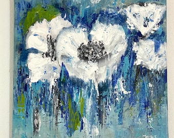 Original, Abstracto, Pintura Acrílica, Moderna "Flores azules" 12 x 12 x 3/4 Profundidad - Por Maite Tobon