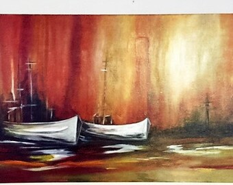 Arte, Pintura, Original, Hecho a mano, Abstracto, Acrílico, Moderno, Por Maite Tobon "Barcos" 30"W x 15"H x 3/4 Deep Artbymaite