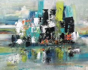 Original, pintura de arte hecho a mano acrílico abstracto moderno "el puerto" 12 "W x 12"H con marco -Arte por Maite Tobon