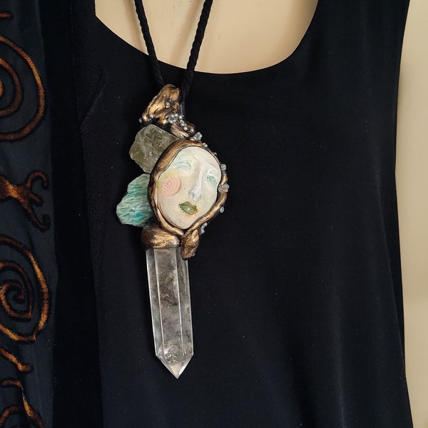 Huge Handmade quartz crystal statement guide necklace with aventurine and smokey quartz art to wear one of a kind Grace Frankie Sorrentino