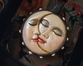 Eclipse Moon Face jewelry BOLD Artistic Statement Art to wear large necklace Pendant One of a kind Kissing the sun by Susan Sorrentino