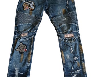 DISTRESSED BLUE BIKER stretch jeans sz40 Rockstar panther tiger bird embroidered patches moto ribbed painted Fashion Nova 6 pocket hip hop