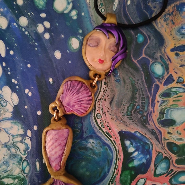 Purple Mermaid necklace Goddess of the sea Unique pendant one of a kind  Art to Wear Handmade long pendant by Sorrentino