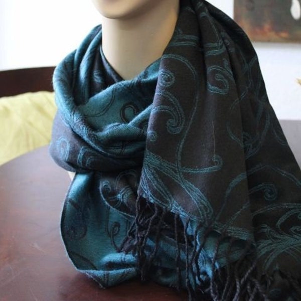 CASHMERE HUGE Vintage Beautiful Cashmere reversable two color teal and black huge scarf shawl wrap never worn gift from Jerusalem Holyland