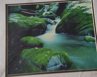 Art Photography landscape rushing stream photo, photography, moss covered rock in stream by Russell Grace