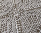 Hand crocket white vintage rectangle table clothe, sofa cover, bed spread throw beautiful large block style no damage