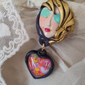 Pretty face necklace Love is in the Air Handmade Serenity Moon face pendant with pretty drop whimsical hair Art to Wear OOAK by Sorrentino image 9