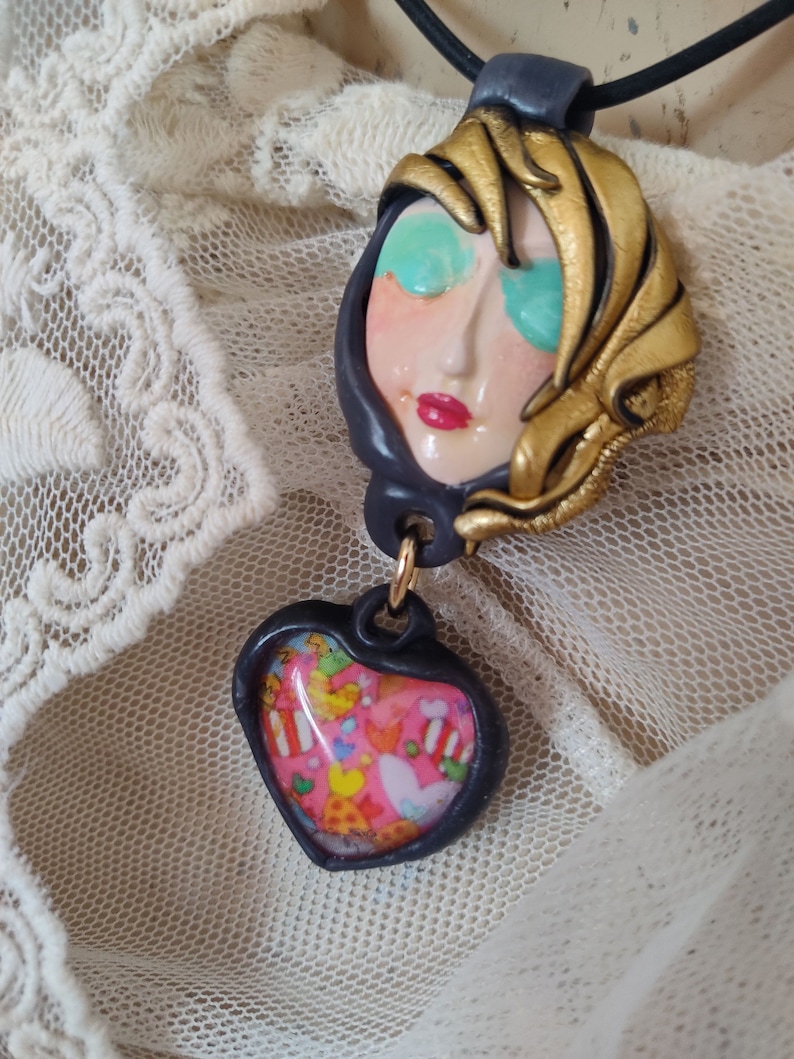 Pretty face necklace Love is in the Air Handmade Serenity Moon face pendant with pretty drop whimsical hair Art to Wear OOAK by Sorrentino image 9