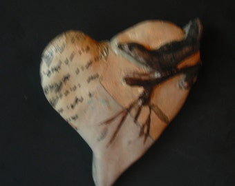 Heart & Bird Relief Sculpture: Unique Wall Decor, Good Luck Charm