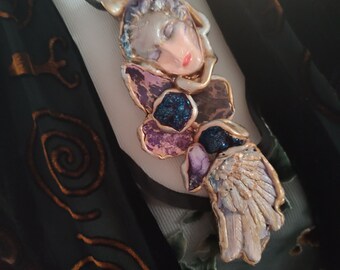 HUGE Purple statement necklace Handmade Art to wear pendant original one of a kind Goddess in purple blue druzy colors guardian angel