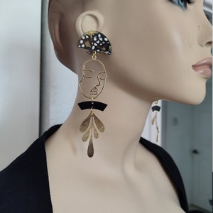CLIP-ON Gold Face ABSTRACT Earrings Contemporary Picasso Lightweight gold leaf design Long Drop Dangle Art to wear Jewelry Handmade