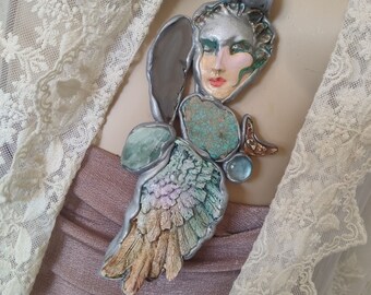 HUGE Angel necklace Handmade Art to wear pendant original one of a kind Goddess in gray green colors guardian angel Grace  and Frankie like