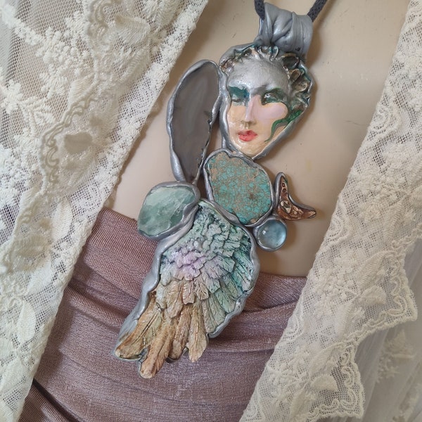 HUGE Angel necklace Handmade Art to wear pendant original one of a kind Goddess in gray green colors guardian angel Grace  and Frankie like