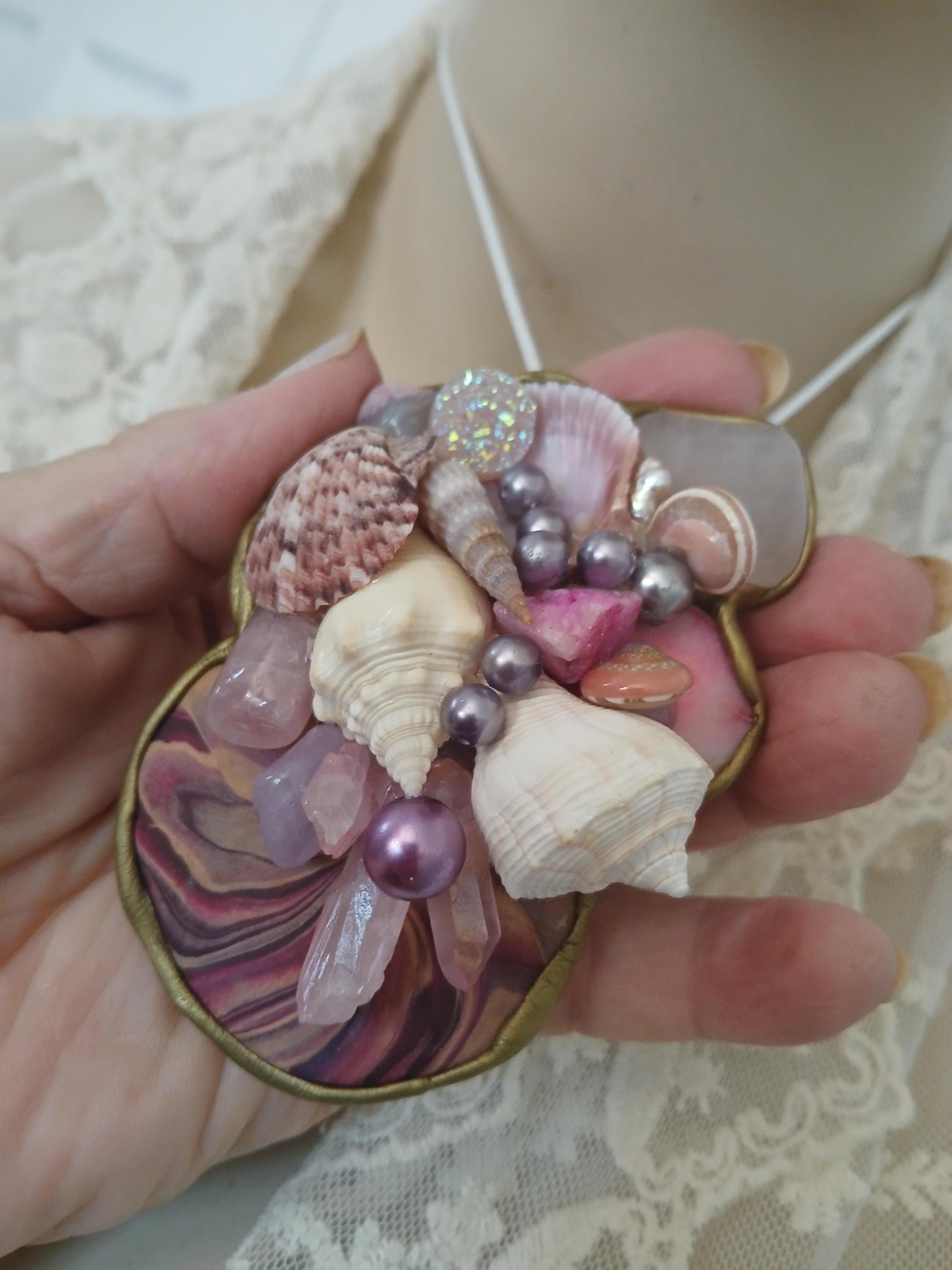 PINK Florida cluster shell necklace or brooch for hot summer nights ou Lightweight boho style pendant art to wear one of a kind Boho