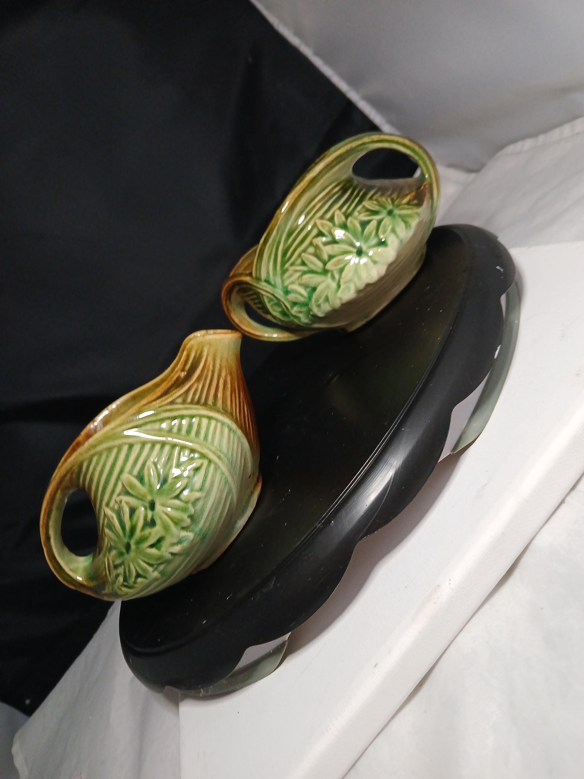 McCoy sugar and creamer previously owned green floral design depression  ceramics
