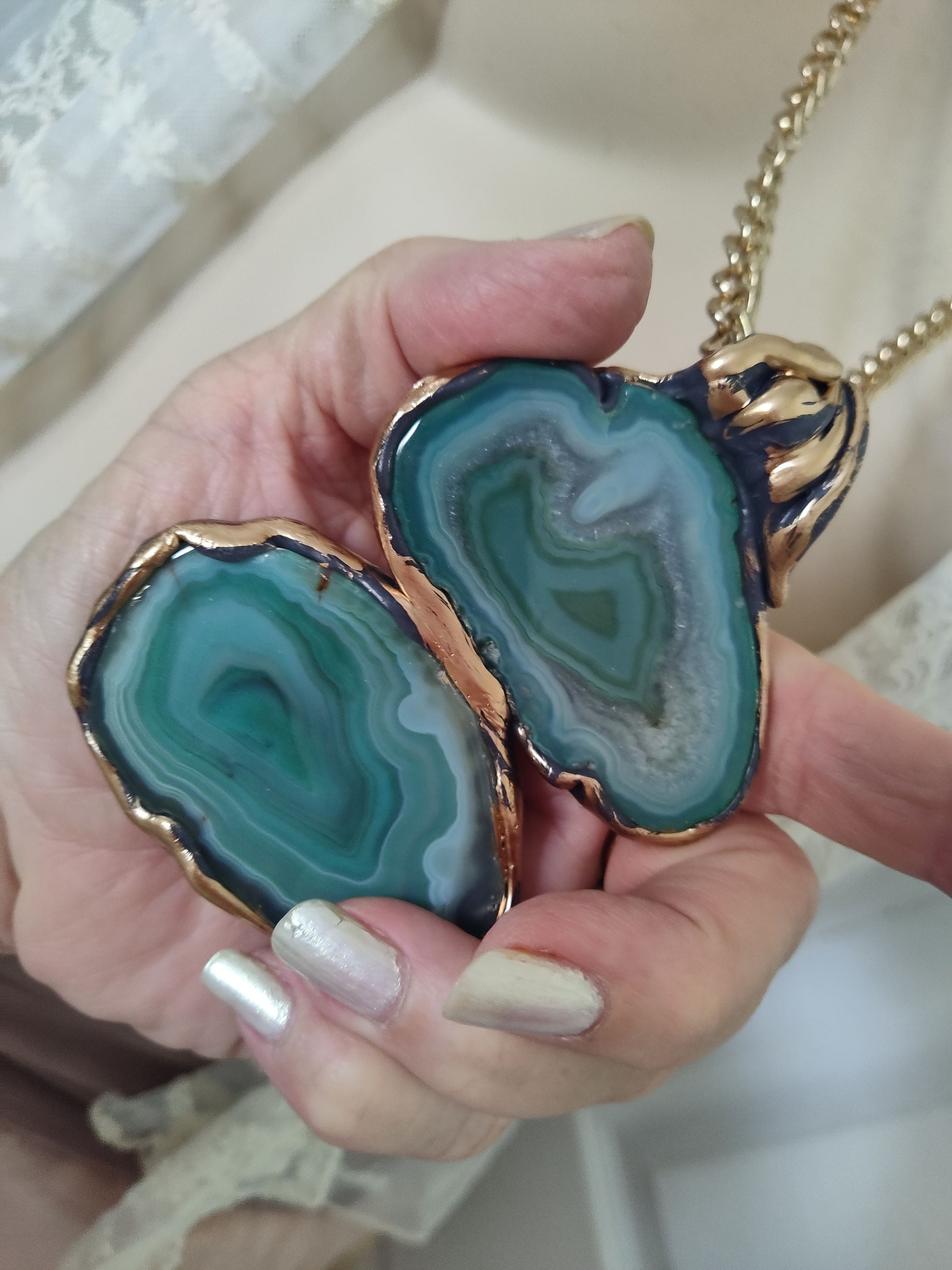 Handmade Turquoise Crystal Agate Necklace Big Statement Art to Wear Unisex Lightweight One of A Kind by Sorrentino