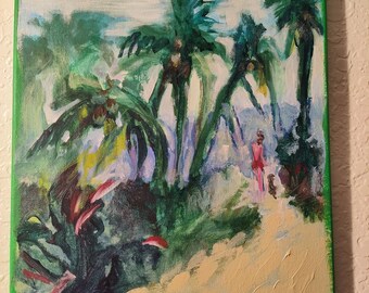 Florida Beach painting 14" x 11" original Red and Green coconut trees acrylic on canvas Beach path by Florida artist Susan Sorrentino