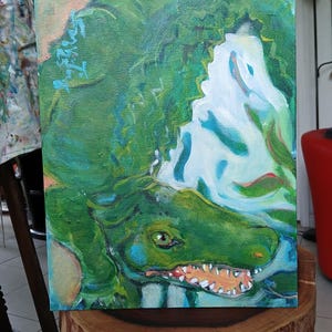 Original Alligator painting 14x 11 inches Florida landscape everglades primitive art loose gesture brush strokes on canvas board Sorrentino