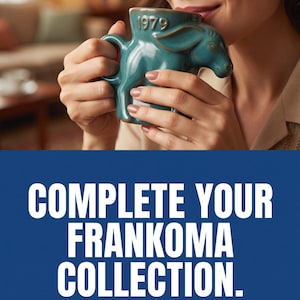May include: A teal ceramic mug shaped like a donkey with the year 1979 embossed on the side. The text on the image reads: COMPLETE YOUR FRANKOMA COLLECTION. FIND THE EXACT MISSING YEAR FOR YOUR HISTORICAL DISPLAY. SHOP AUTHENTIC VINTAGE PIECES.