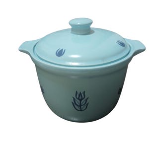 May include: A light blue ceramic casserole dish with a lid. The dish has two handles and is decorated with dark blue floral designs. The lid has a small knob for easy handling. The casserole dish is designed for cooking and serving.