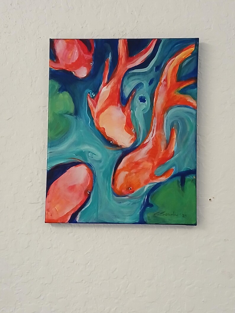 Koi Fish Pond Orange Turquoise Blue Painting Original Acrylic Canvas ...