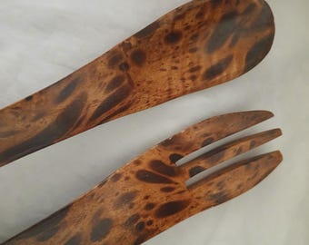 Handmade Mango Wood Salad Servers: Signed Artisan Vintage Utensils