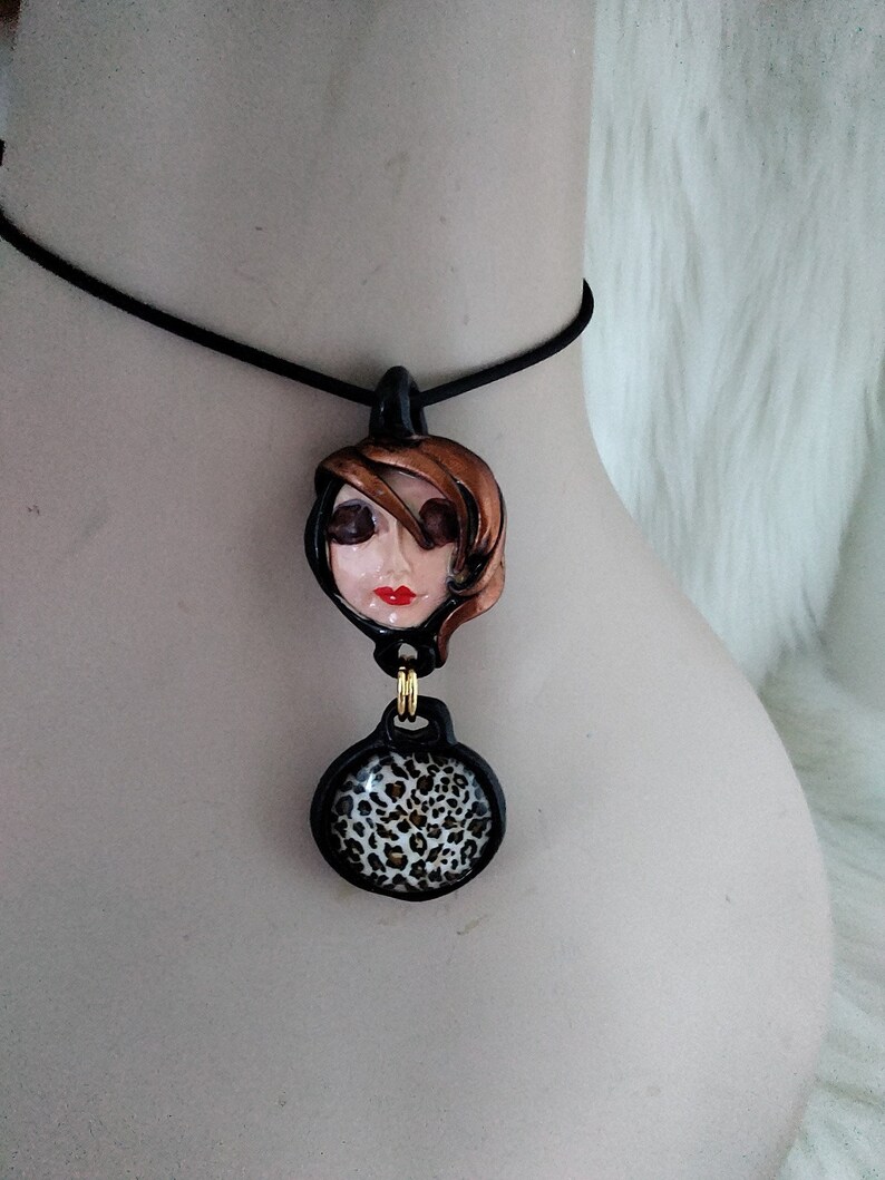 Leopard skin Moon face necklace Art to wear handmade jewelry serenity pretty face Peace artistic Pendant Necklace Black gold