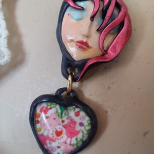 Pretty face necklace Love is in the Air Handmade Serenity Moon face pendant with pretty drop whimsical hair Art to Wear OOAK by Sorrentino image 7