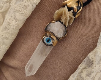 Evil eye unisex necklace with  quartz crystal point and calcite desert rose Handmade pendant Grace Frankie statement necklace art to wear