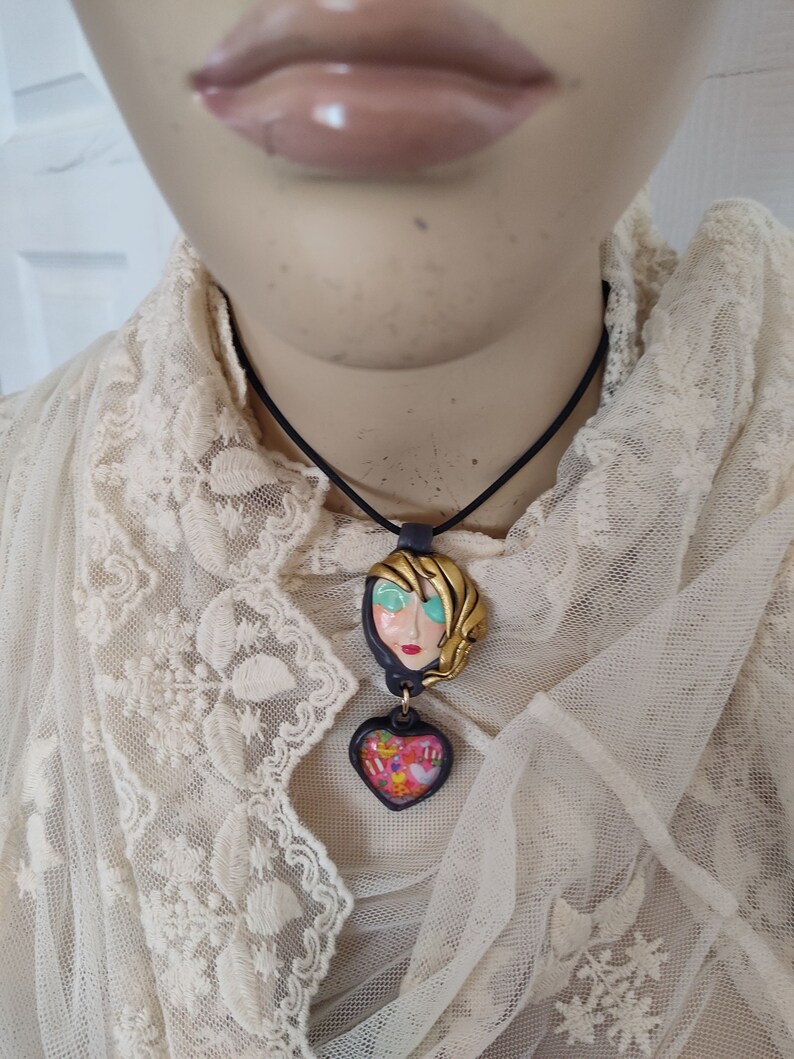 Pretty face necklace Love is in the Air Handmade Serenity Moon face pendant with pretty drop whimsical hair Art to Wear OOAK by Sorrentino image 8