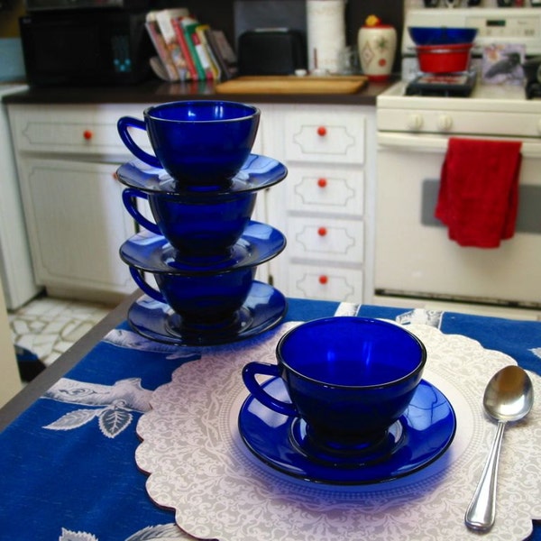 Cobalt Blue Depression glass 1940's choose tea coffee cup, saucer, or cake plate  Vintage, antique, collectible, authentic old Art Deco glas