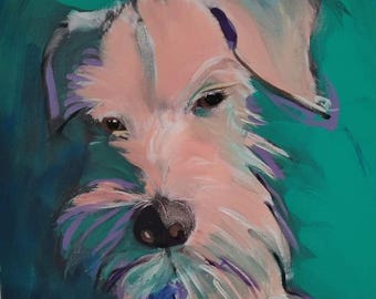 May include: A painting of a white dog with pink and purple accents against a teal background. The dog's eyes are brown and the painting is done in a stylized, abstract style.