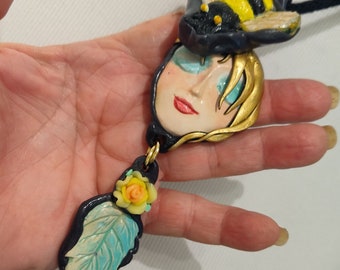 Honey Bee pendant Art to Wear moon face Necklace Handmade art to wear One of a kind Pretty Bold and unique  Spring great Mothers day gift