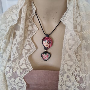 Pretty face necklace Love is in the Air Handmade Serenity Moon face pendant with pretty drop whimsical hair Art to Wear OOAK by Sorrentino image 6