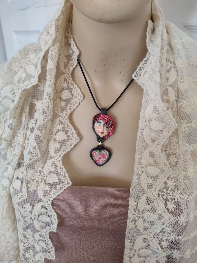 Pretty face necklace Love is in the Air Handmade Serenity Moon face pendant with pretty drop whimsical hair Art to Wear OOAK by Sorrentino image 6