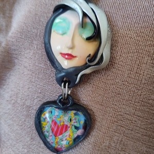 Pretty face necklace Love is in the Air Handmade Serenity Moon face pendant with pretty drop whimsical hair Art to Wear OOAK by Sorrentino image 3